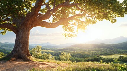 Majestic Old Tree on a Hilltop at Sunset Over Lush Green Mountains