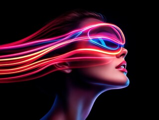 Obraz premium Surreal futuristic digital portrait of woman with neon light streaks flowing from her eyes against dark background conceptual art with vibrant lighting and cybernetic aesthetic