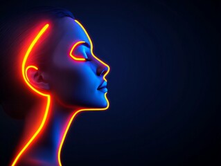 Fototapeta premium Futuristic neon digital illustration of female face outlined in glowing blue cyber light against dark background conceptual high tech portrait with surreal cyberpunk aesthetic