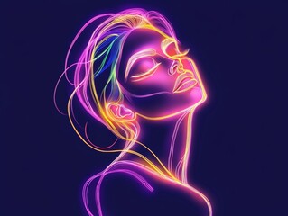 Obraz premium Abstract neon wireframe outline of meditative woman in serene expression representing mindfulness self discovery and inner peace in digital wellness concept artistic wallpaper illustration