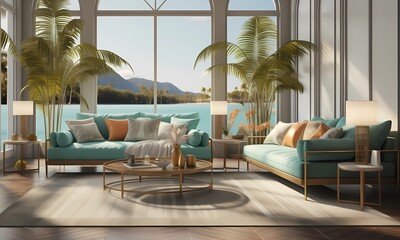 Fototapeta premium A bright and airy living room featuring turquoise furniture, palm plants, and large windows overlooking a serene landscape.