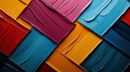 Vibrant abstract painting with textured brush strokes in various colors creating a dynamic composition