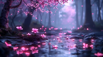 Floral serenity cherry blossoms and tranquil forest by the stream in dreamy atmosphere