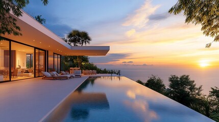 Fototapeta premium Infinity Pool House on Cliffside Overlooking Ocean at Sunset