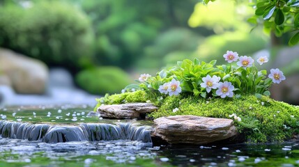 Fototapeta premium White wildflowers bloom on a mossy rock beside a gentle waterfall in a serene garden.
