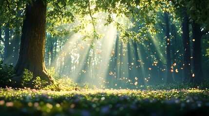 Obraz premium Breathtaking nature scene sunlight through trees and colorful flora in a forest environment
