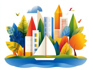 Fototapeta premium Vibrant coastal city with sailboats on calm blue waters surrounded by lush greenery in a colorful and modern stylized digital illustration evoking a lively and picturesque seaside atmosphere