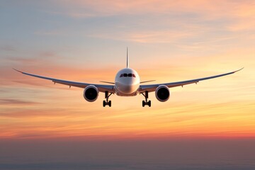 Fototapeta premium Passenger airplane flying low over runway during scenic sunset approach with golden sky clouds and dynamic aviation perspective in high resolution transportation photography