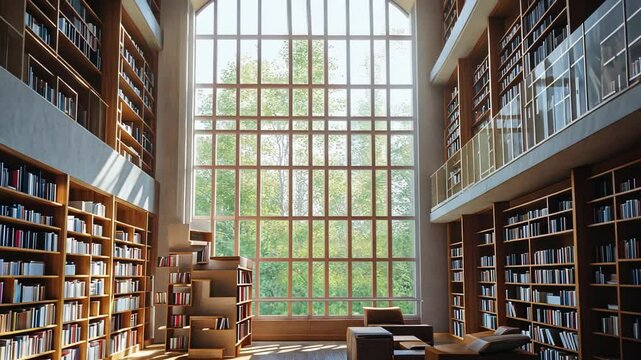 Serene Library Interior with Bookshelves and Natural Light Ambience