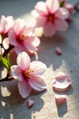 Fototapeta premium Delicate Pink Blossoms Illuminated by Sunlight, Gently Falling Petals on a Textured Surface