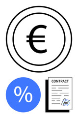 Euro currency symbol inside a circle above a blue percentage sign and a contract document with a signature. Ideal for finance, banking, investment, contracts, economy, interest rates, business
