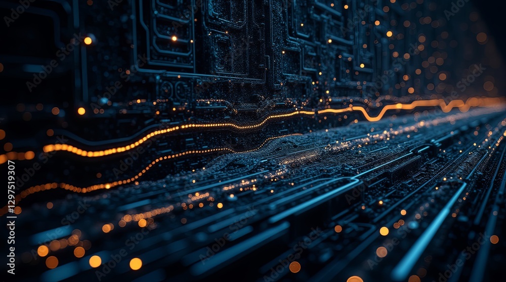 Poster a computer chip is shown with a bright orange line