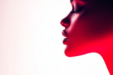 Silhouette profile of a woman with vibrant red and pink neon lighting effect creating a futuristic and artistic high contrast photography composition