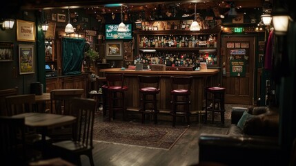 Cozy pub interior with wooden bar, empty stools, and dim lighting creating a warm atmosphere