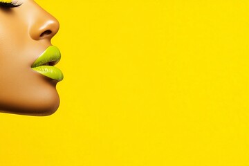 Close up portrait of a woman with bold green lips against a vibrant yellow background emphasizing beauty makeup trends and modern fashion aesthetics for striking editorial photography