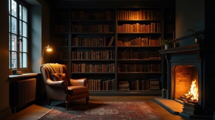 Cozy Reading Nook with Fireplace and Extensive Bookshelves