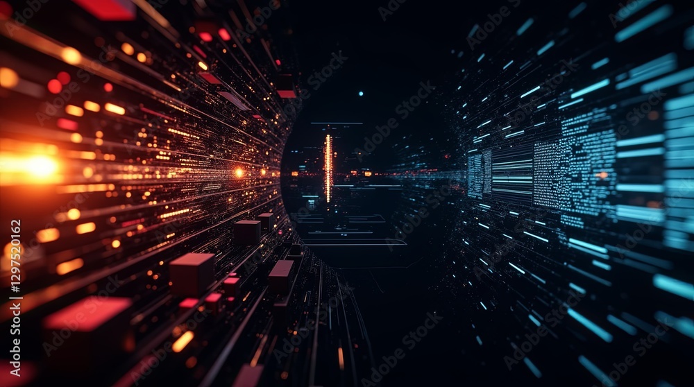Poster A computer generated image of a tunnel with a red and blue light