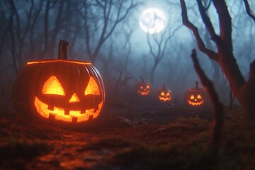Glowing pumpkins in eerie forest under a bright full moon, spooky scene