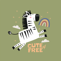 Cute zebra poster vector illustration for wall art or kids room decoration, tee print, cover and other media. © NEMR Studio
