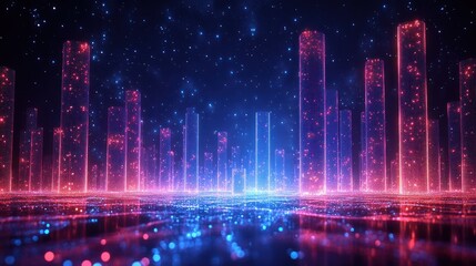 Fototapeta premium Glowing cityscape at night with particle effects