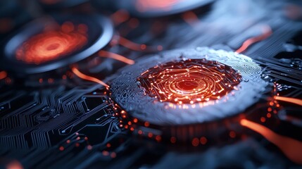Abstract close-up of a futuristic circuit board with glowing red elements and intricate details
