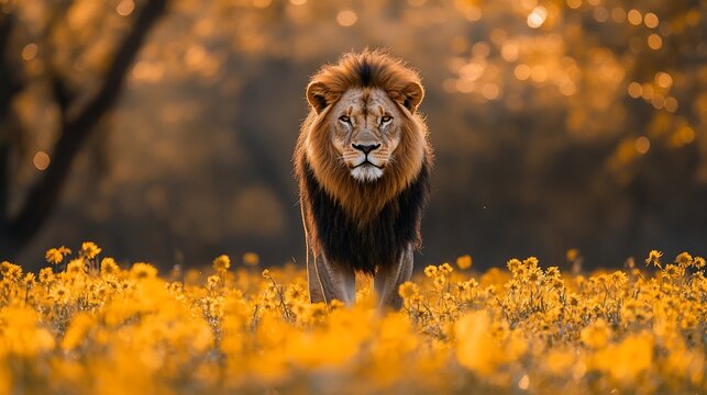 Majestic lion walking in yellow flowers at sunset; wildlife photography