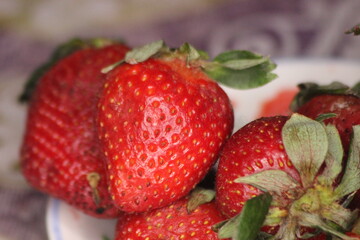 A close-up of fresh strawberries with green leaves