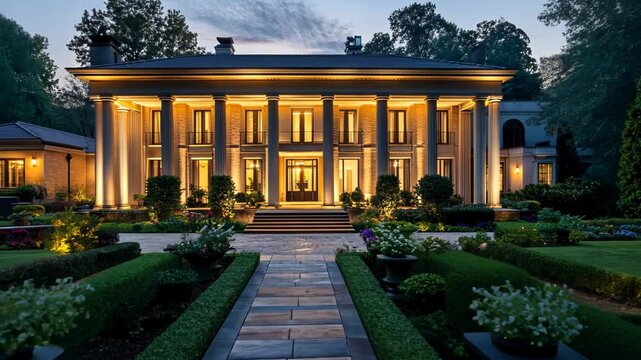 Elegant Mansion with Columns and Illuminated Gardens at Dusk
