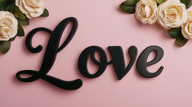 Elegant Cursive Love On Pink With White Flowers Arrangement On A Flat Surface Displaying Love