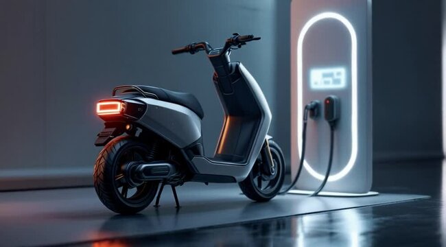 Electric scooter charging station, futuristic design, city background, sustainable transport