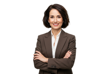 Portrait of middle age businesswoman wear brown suit and crossed arm pose isolated on transparent, White background
