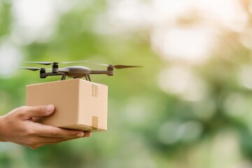 Drone delivering package in lush green outdoor setting symbolizing futuristic logistics smart technology and eco friendly autonomous delivery in high tech business innovation wallpaper