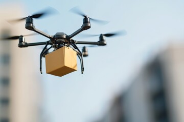 Drone hovering in urban setting carrying cardboard package representing futuristic smart logistics fast delivery service and aerial transportation revolution in high quality stock photo