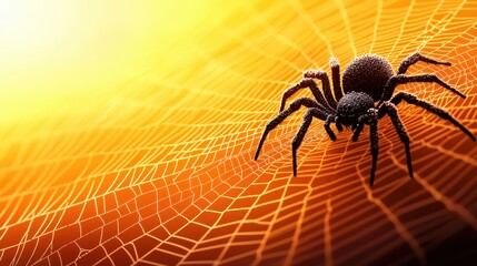 Obraz premium A close-up of a spider on a vibrant, illuminated web, showcasing intricate patterns against a warm, glowing background.