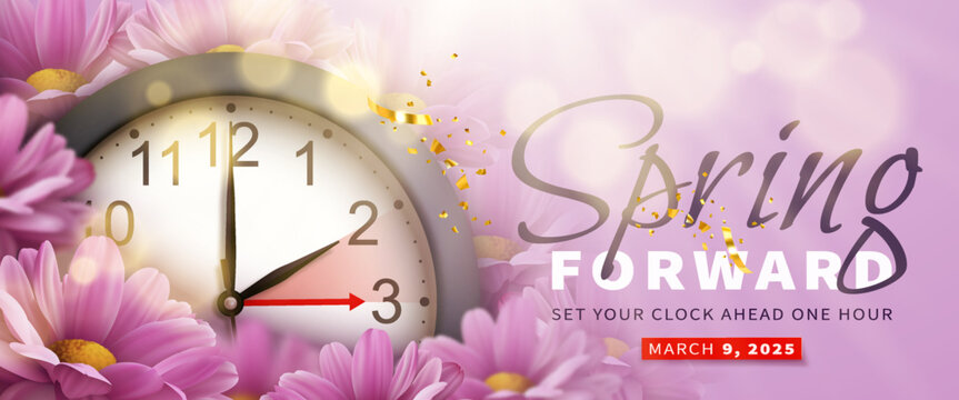 Spring Forward. Daylight saving time banner with realistic black 3d clock, bright sun rays, bokeh and pink chrysanthemum flowers. Text reminder of time change one hour forward. Vector illustration