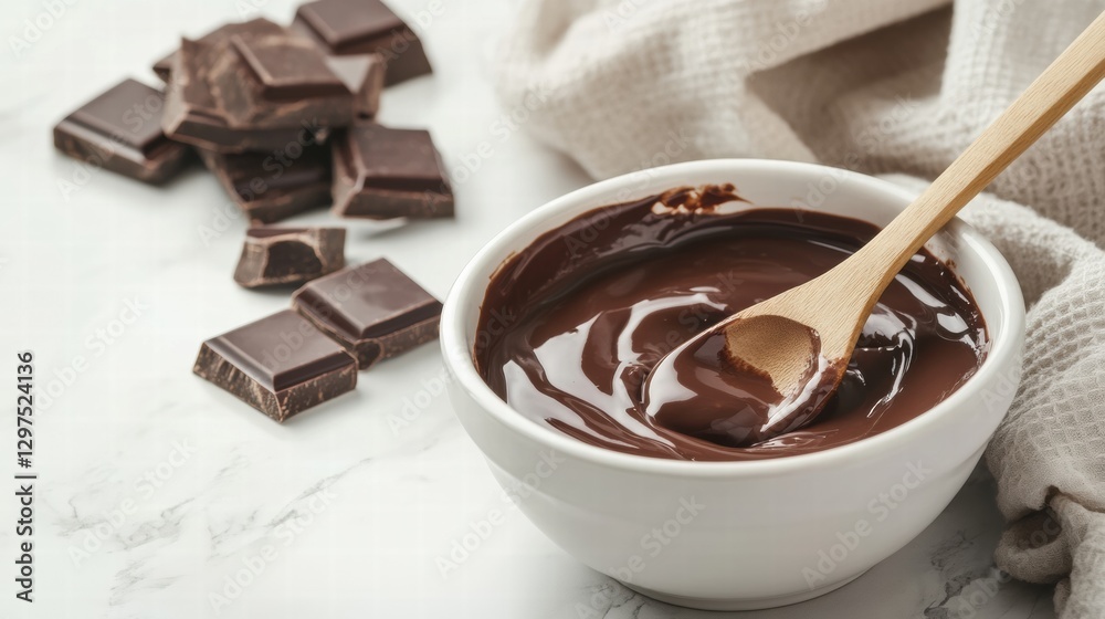 Poster melting dark chocolate in a bowl with chocolate chunks on a marble countertop. generative ai