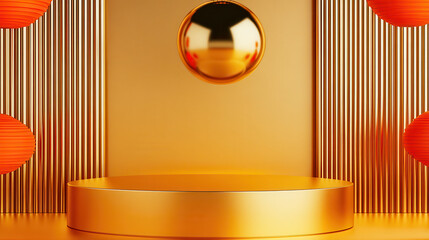 Golden Podium with Reflective Sphere and Lanterns