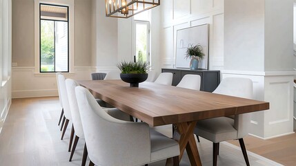 A transitional-style dining room blending traditional and modern elements, with a wooden table, upholstered chairs, and a contemporary chandelier