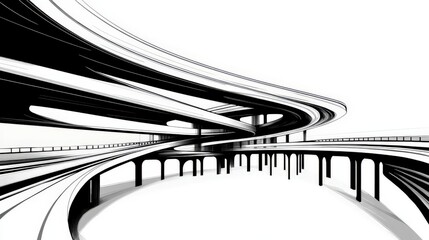 Abstract black and white high contrast futuristic highway bridge with curving overpasses creating a dramatic perspective in a high resolution conceptual architectural stock photo