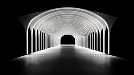 Obraz premium Symmetrical futuristic tunnel with glowing white neon lights and curved archways creating an infinite perspective modern architecture digital wallpaper