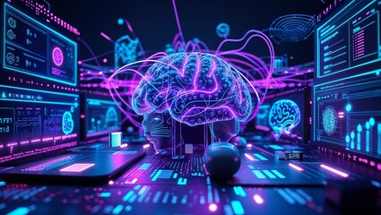 Fototapeta premium Futuristic AI-Powered Digital blue background with Cybernetic Brain and Neon Tech Aesthetics