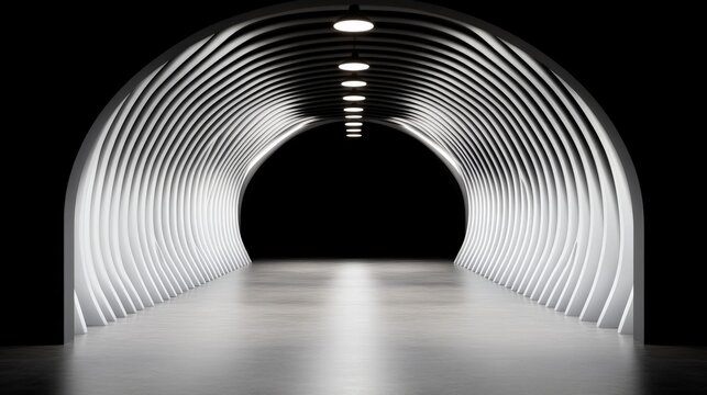 Fototapeta Futuristic tunnel with circular illuminated arches creating a sense of depth and infinity in a high contrast black and white modern architectural concept in a high resolution premium stock image