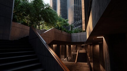 Modern urban architecture showcasing a staircase leading to a sunlit courtyard surrounded by greenery