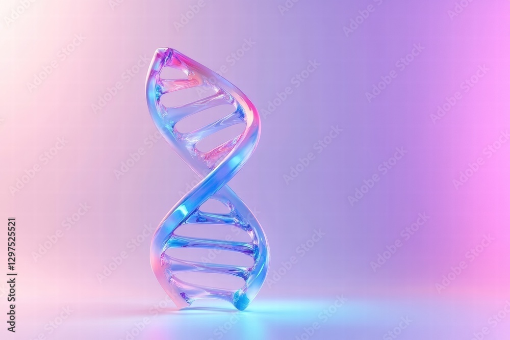 Poster Glowing DNA helix sculpture illuminated in futuristic colors against a soft purple background. Generative AI