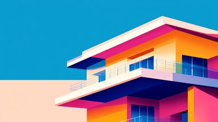 Vibrant modern house in bright neon colors with bold architectural design representing contemporary real estate innovation creative living spaces and futuristic home aesthetics in stylish digital