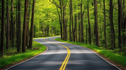 Obraz premium Scenic Forest Road Winding Through Lush Green Trees