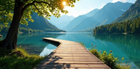 Obraz premium Sun-dappled wooden boardwalk extends over tranquil lake, mountain backdrop , serenity, pathway, peaceful