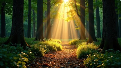Obraz premium Sunbeams illuminate forest floor, creating glowing path, woodland, nature photography