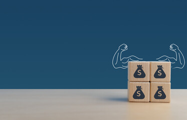 Strong finance, money bags flexing their arms. business concept