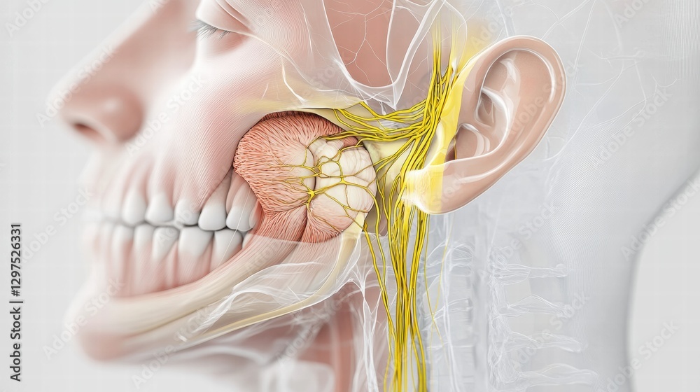 Poster Detailed anatomical illustration of the human facial nerve system showing its structure and connections. Generative AI